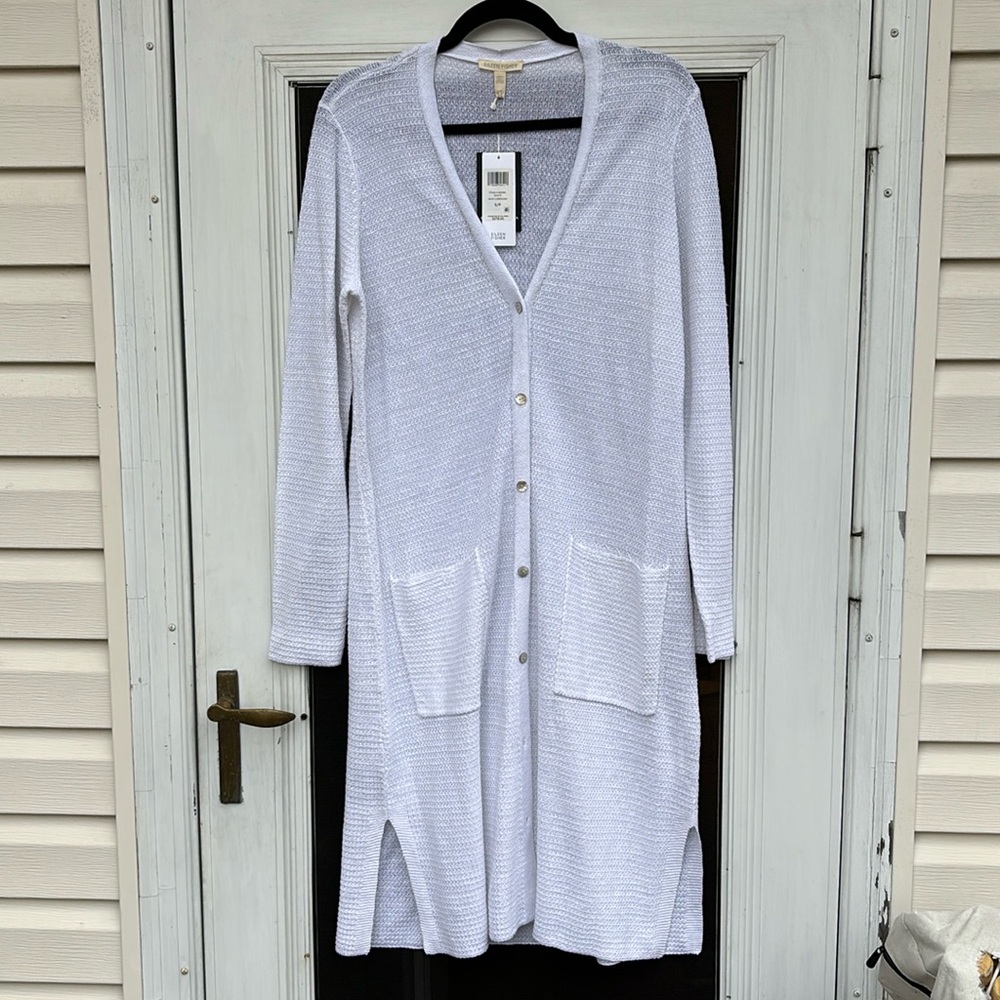EILEEN FISHER LADIES WHITEN ORGANIC LINEN LONG CARDIGAN-S-GR8T GIFT!
